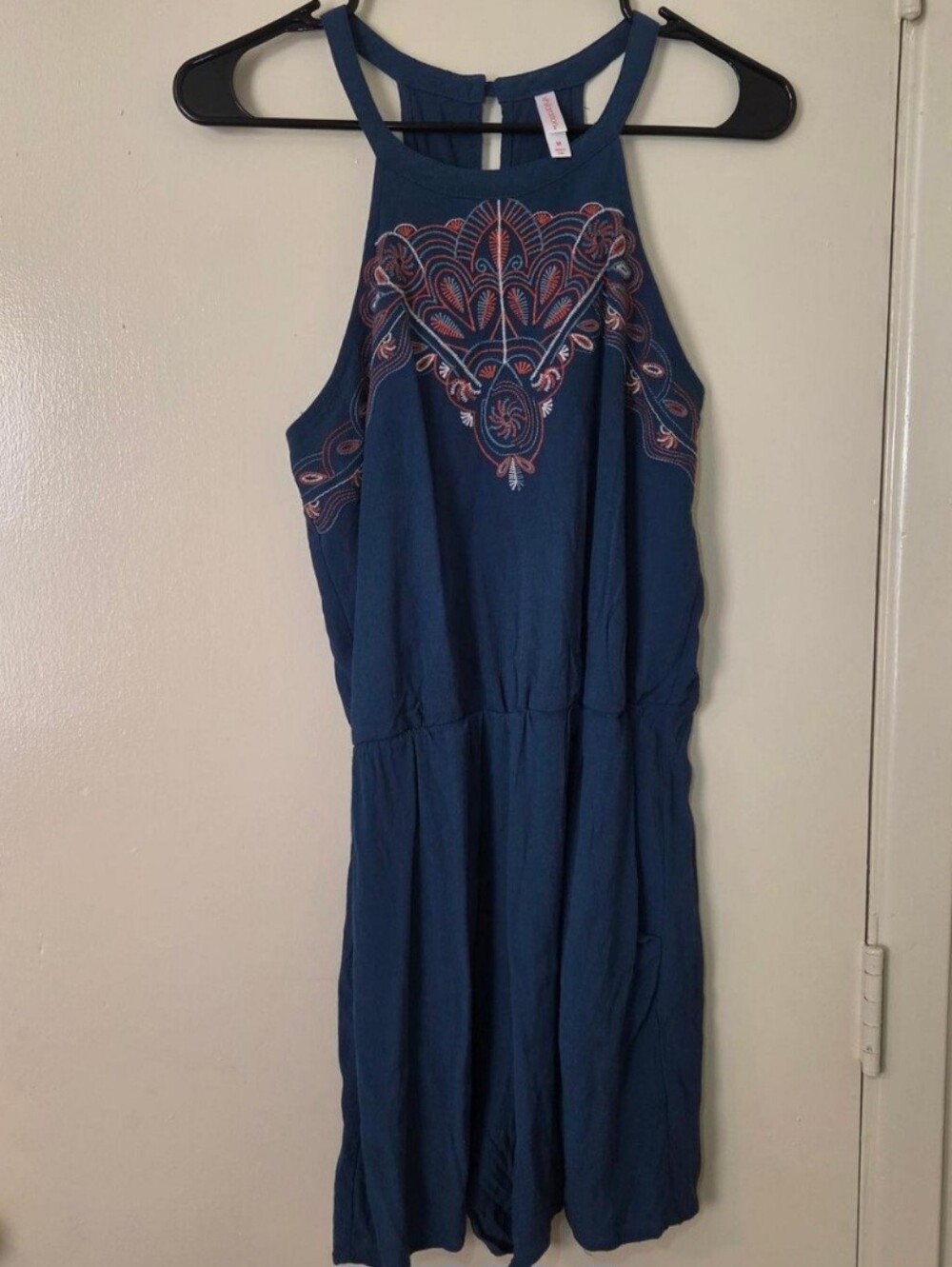 Blue Embroidered Halter Romper Dress - flaw see description